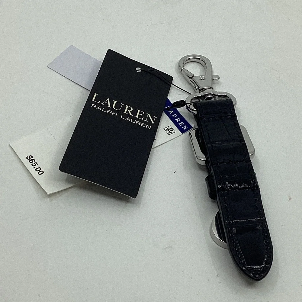 Lauren Ralph Lauren Black Croc Embossed Leather Buckle Padlock Keychain NWT
